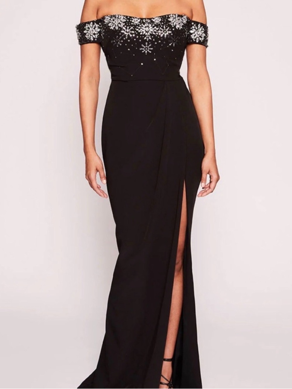 Marchesa Notte Black beaded Off Shoulder Gown 2 wedding stretch Evening formal